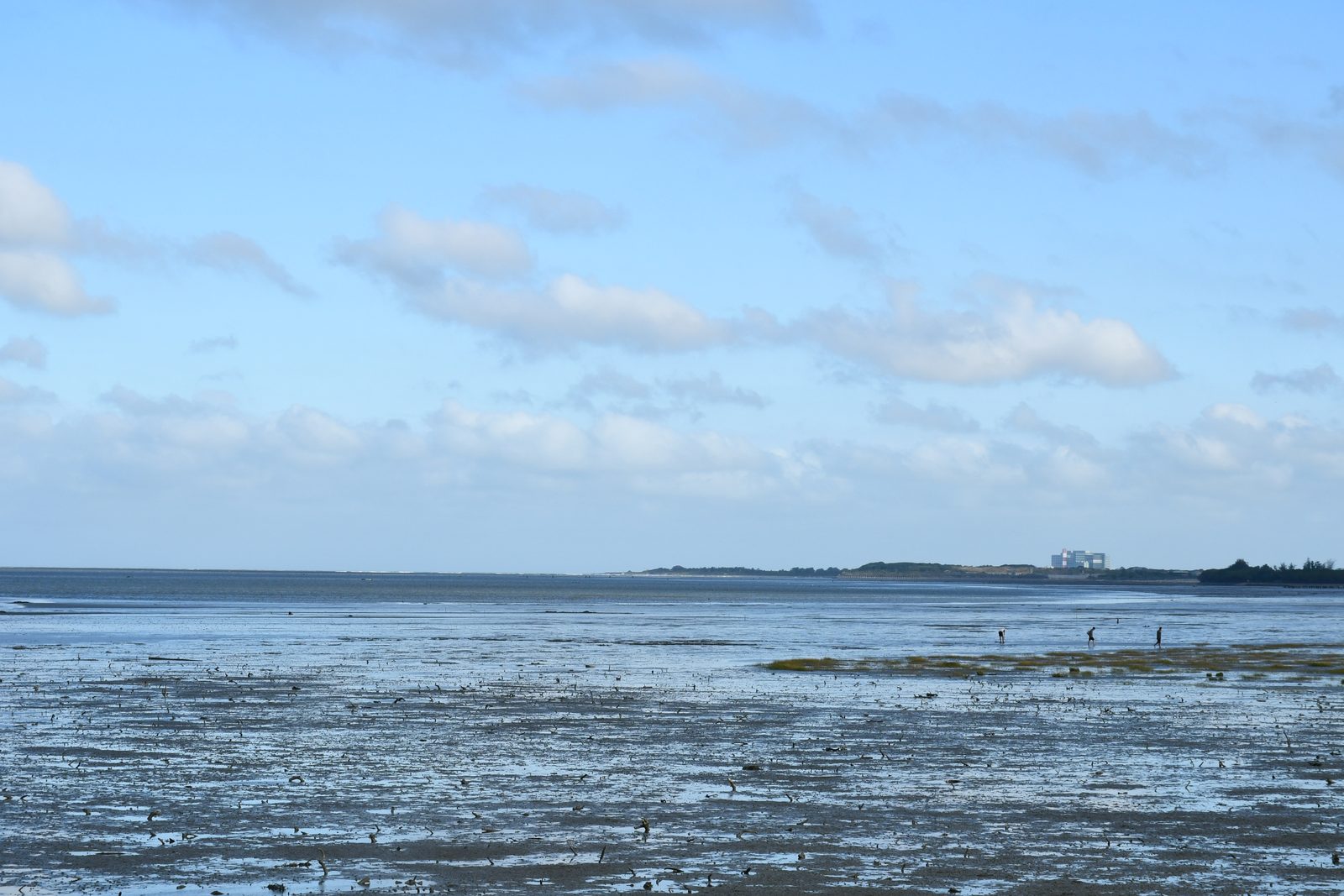 A wide tidal flat with figures wading, industrial skyline beyond