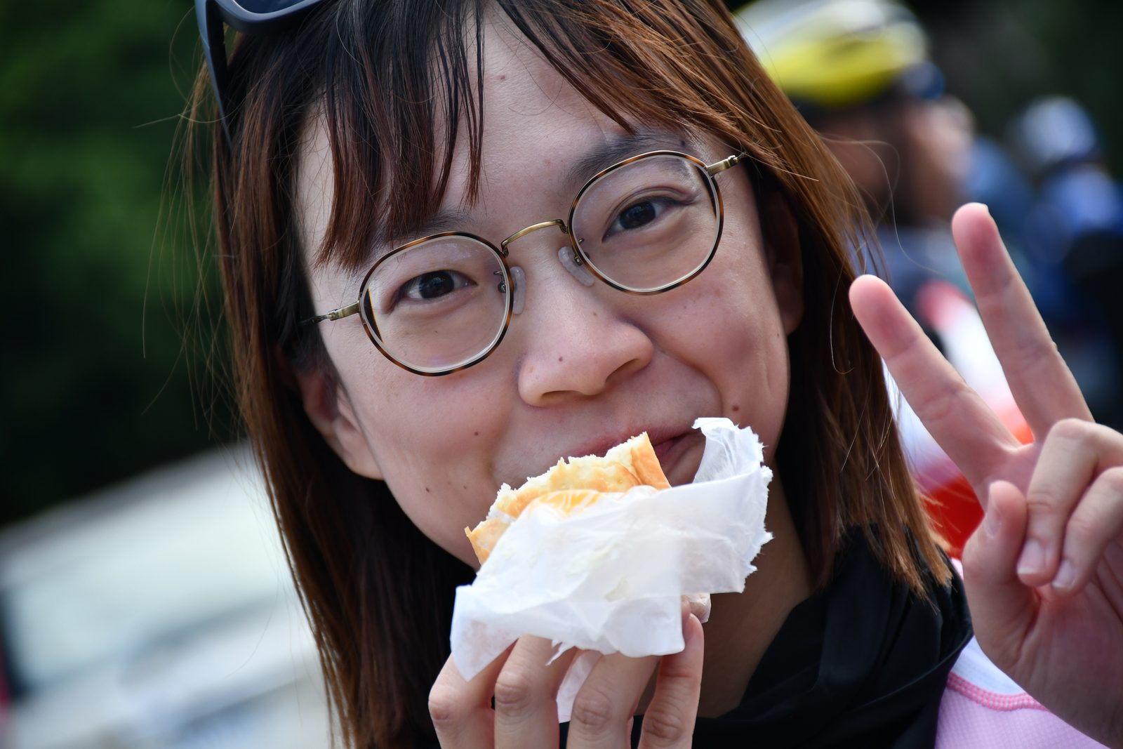 A peace sign over a rest-stop snack