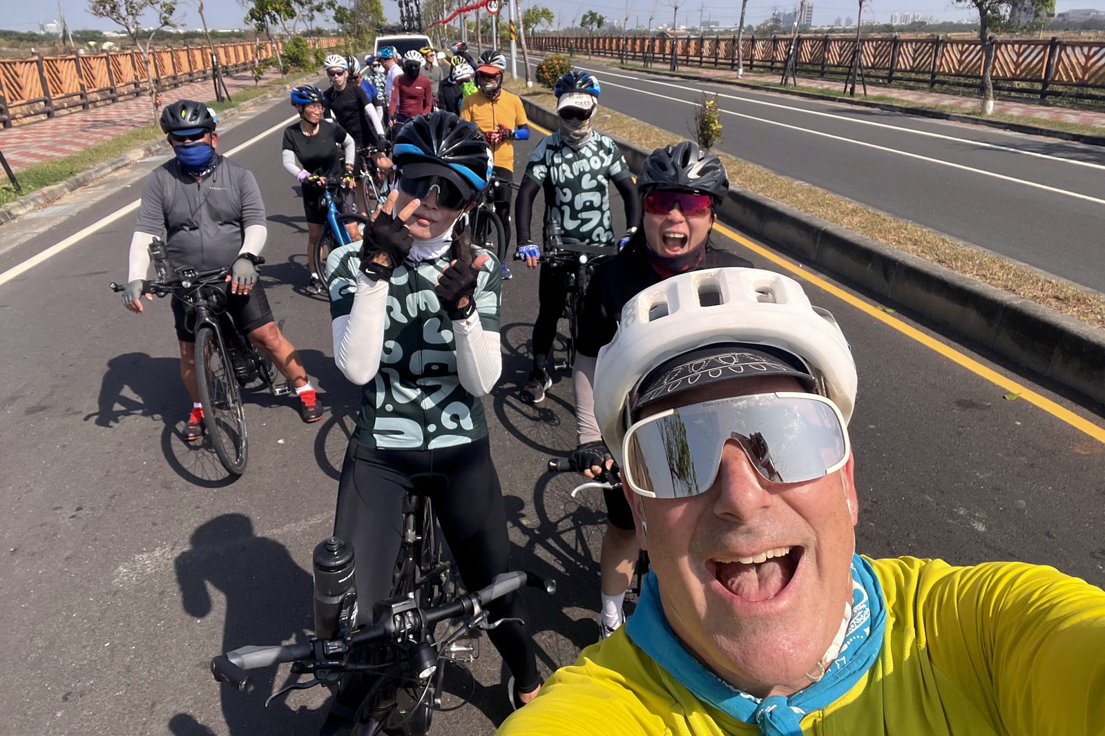 A group selfie with the pack rolling along