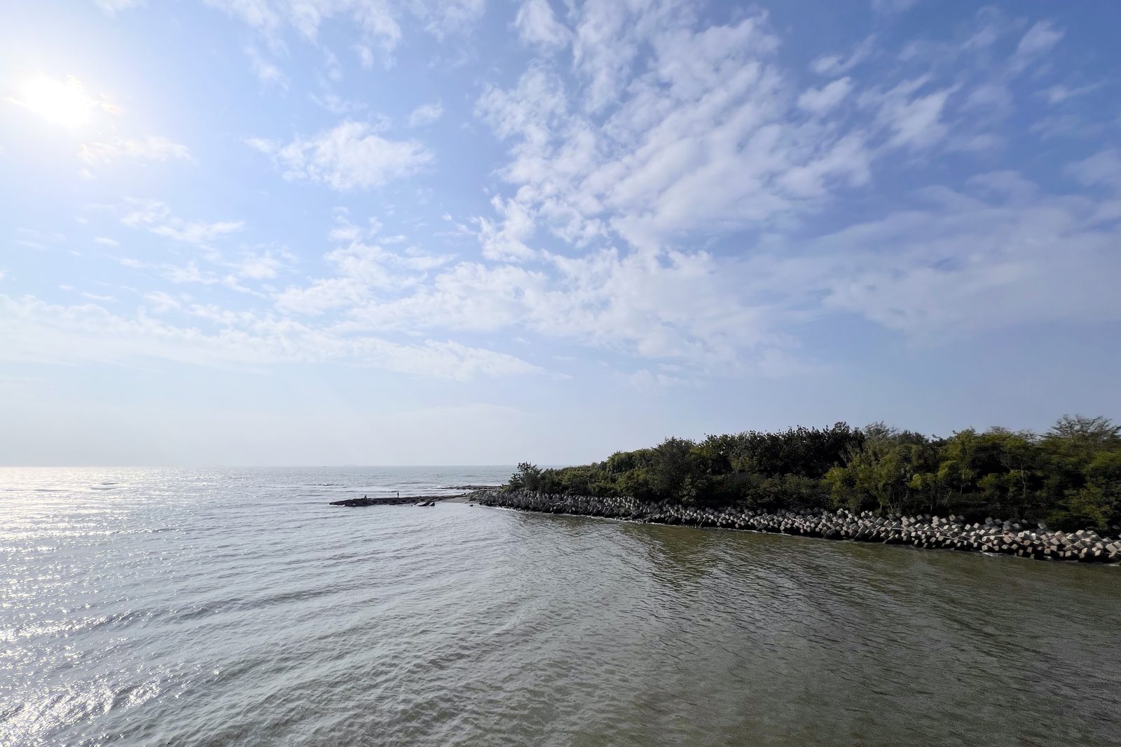 A quiet stretch of coastline and breakwater