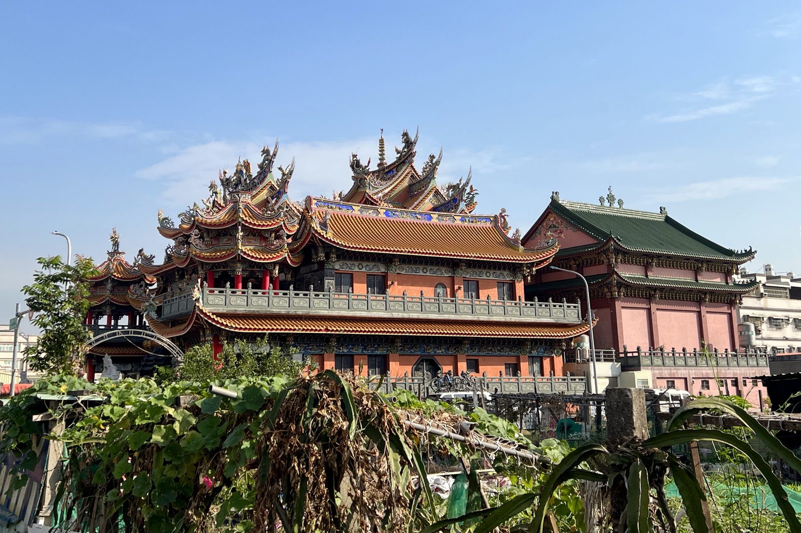 An ornate temple with dragon-topped eaves