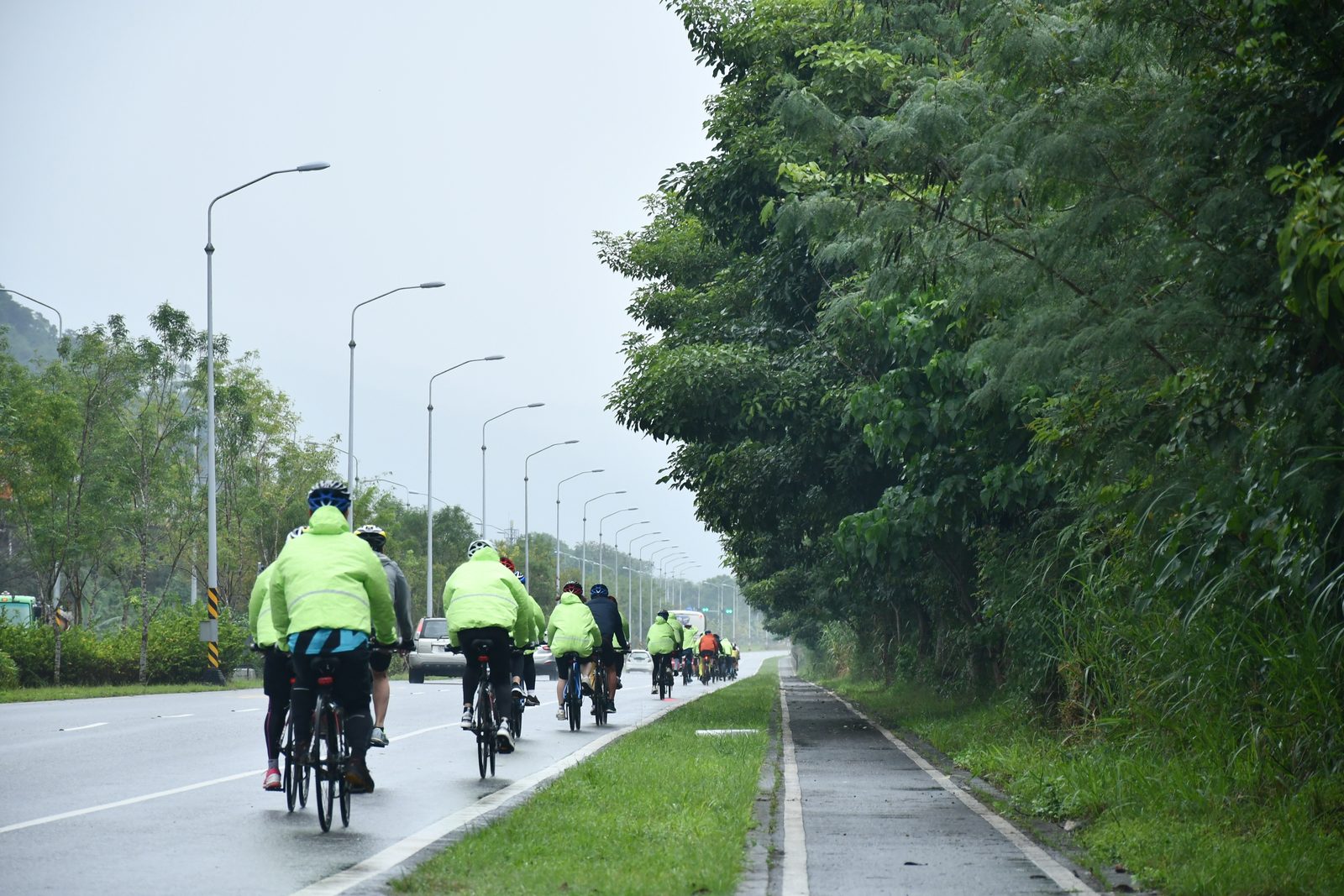 The group riding away under dripping trees