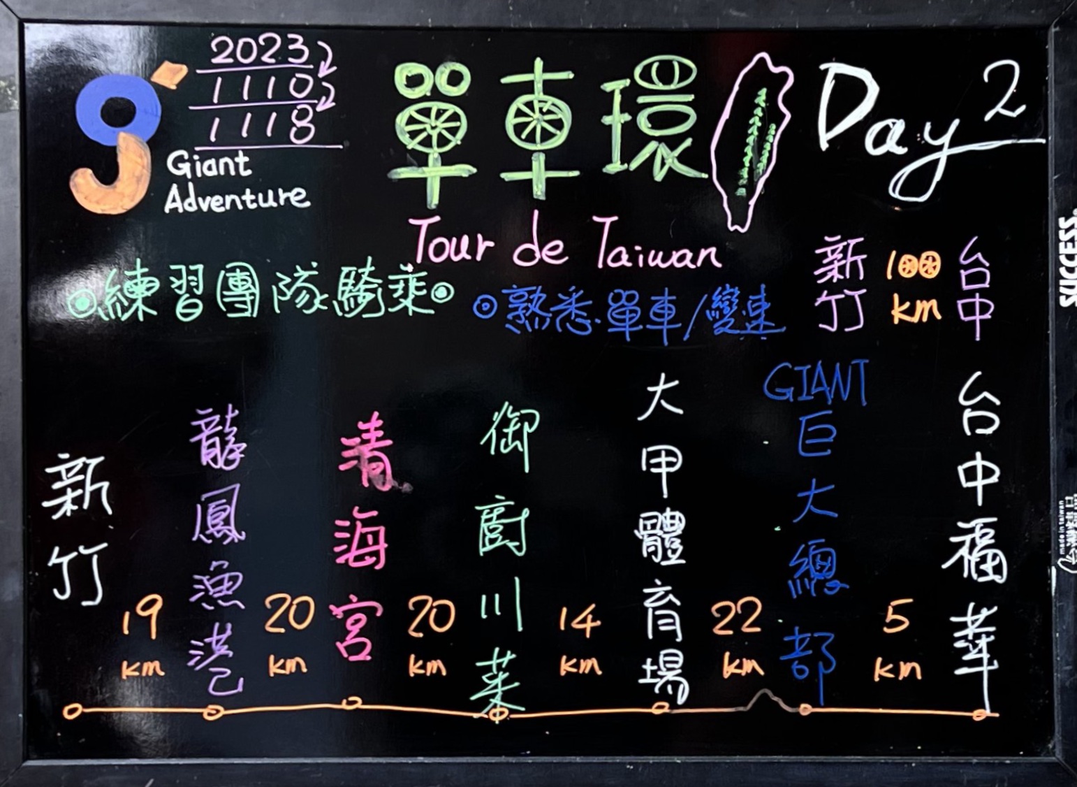 Hand-written chalkboard listing Day 2's route